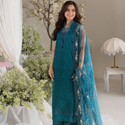 EMBROIDERED SHIRT WITH COTTON NET EMBROIDERED PRINT DUPATTA AND TROUSER
